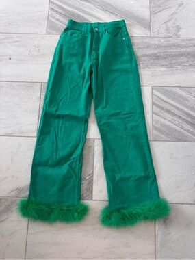 SHEIN Green High-Rise Wide-Leg Jean with Feather Trim